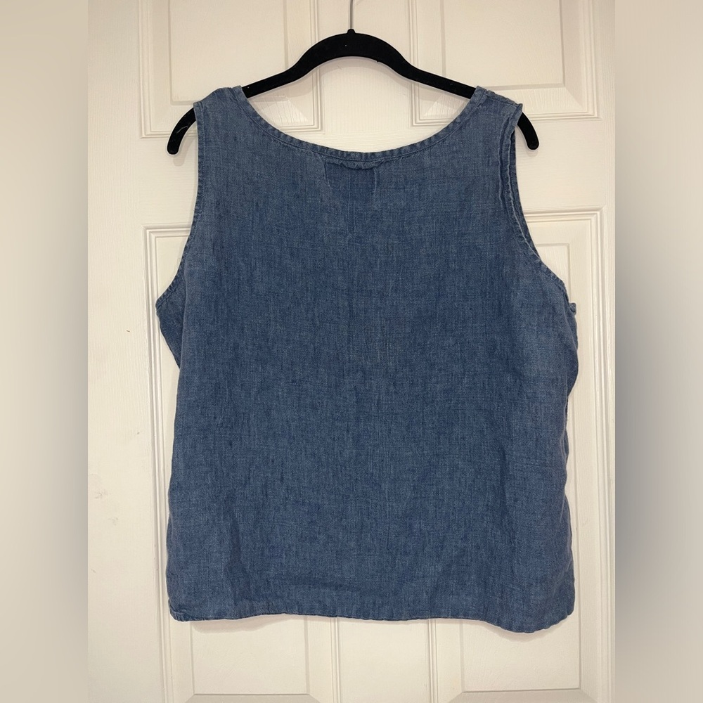 Flax L Denim Blue Linen Shirt Sleeveless Pullover Solid Boxy Minimalist - Picture 3 of 7